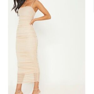 Nude Strappy Mesh Ruched Midaxi Dress